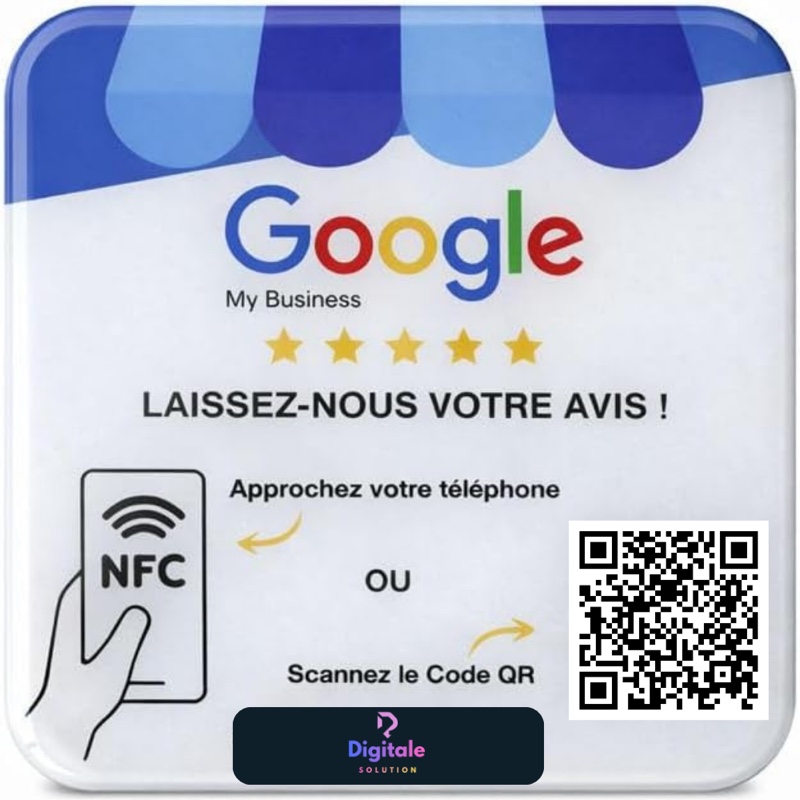Carte avis Google posée sur un comptoir : le client approche son téléphone en NFC ou scanne le QR code pour laisser un avis